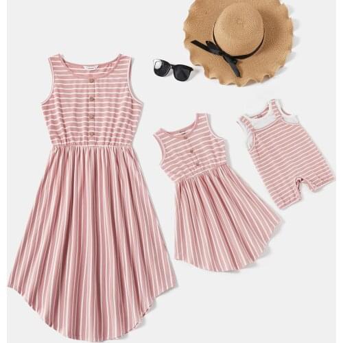 PatPat 2020 New Arrival Summer Matching Outfits New Stripes Pink Medium length Tank Matching Dresses Family Look Mommy and Me