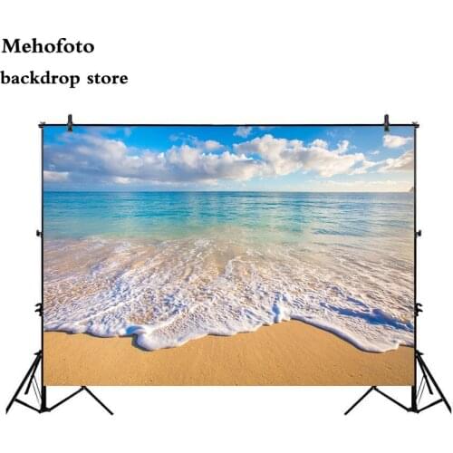 Mehofoto Summer Holiday Sandy Beach Backdrops for Photography Blue Sky and Sea Photo Shoot Backgrounds Studio White Cloud 726