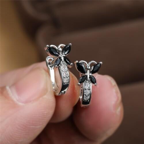 Cute Butterfly Black Stone Hoop Earrings For Women Wedding Jewelry Vintage Fashion Gold/Black/Rose Gold/Silver Color CZ Earrings