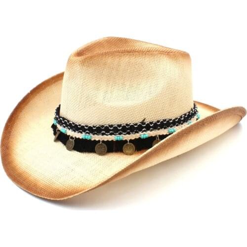 Fashion Women Men Straw Western Cowboy Hat With Western Band For Elegant Lady Sombrero Hombre Cowgirl Jazz Caps Size 58CM