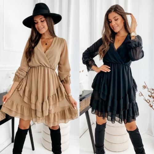 Fashion New Arrived Flared Sleeves Ruffles V Neck Sexy Dress Women Winter Autumn Long Sleeve A-Line Solid Sashes Mini Dresses