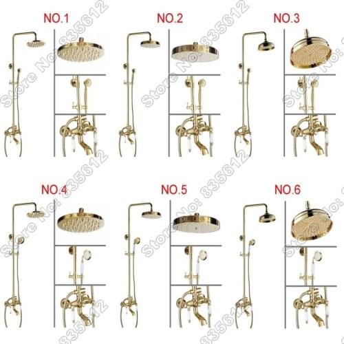 Golden Brass Bathroom Round Rain Shower Faucet Sets Wall Mount Dual Ceramic Handle Bathtub Mixer Taps + Hand Shower Spray Jgf003
