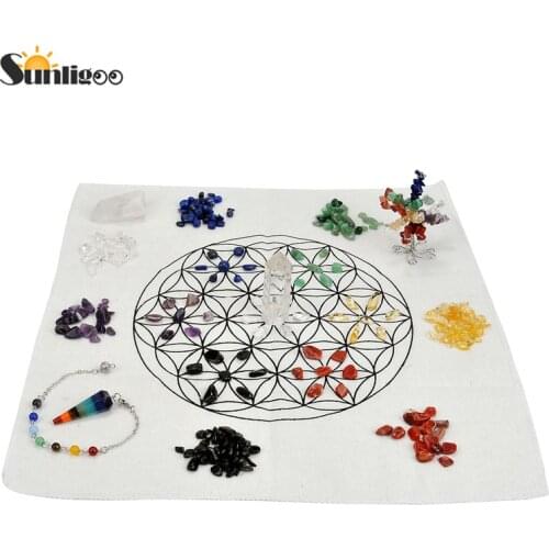 Sunligoo 7 Chakra Healing Crystal Grids Kit Lot of 7 Chakra Assorted Chip Gemstones/Money Tree/Pendulum Pendant Clear Quartz Set