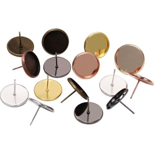 50pcs Stainless iron Blank Earring Base Cabochon Cameo Base 8 10 12 14 16 mm Flat Earring Setting Supplies For Jewelry Making