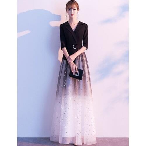 Tailored Collar V-neck Formal Dress Black Long-sleeve Tulle A-line Occasion Evening Dress Women Gowns Burgundy XUCTHHC Dress