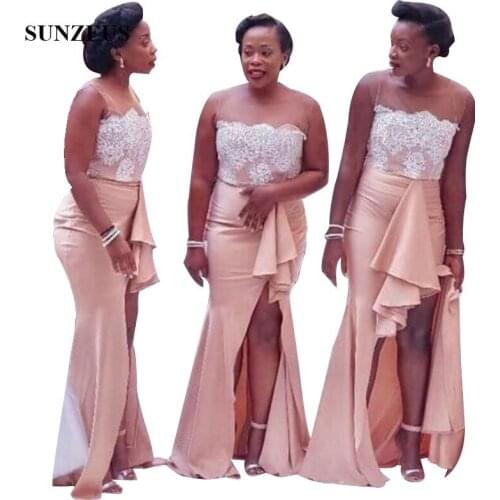 Illusion Tulle Neck Long Bridesmaid Gowns With Side Slit Mermaid Sleeveless Appliques African Women Wedding Party Dresses