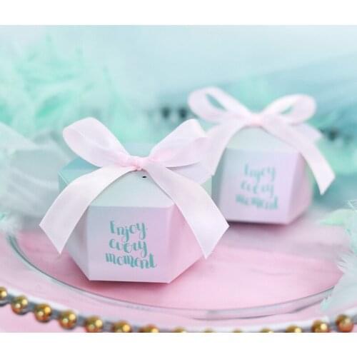 Hexagon Paper Candy Box Baby Shower Birthday Party Christmas Party Gift Box with Ribbon For DIY Party Decor Guests Return Gift
