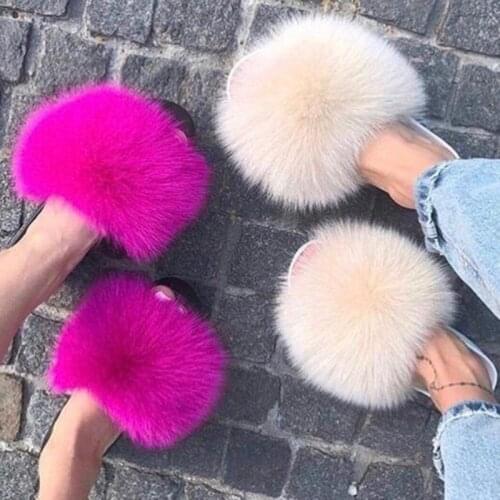 MJF Women Sandals Real Fox Fur Slippers Ladies Outdoor Casual Flat Luxury Furry Slides Wholesale Bulk Free Shipping Size 3 5 12