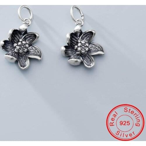 UQBing Vintage Black Solid S925 Sterling Silver Frosted Anemone Flower Pendant Charms DIY Bracelet Necklace Jewelry Findings
