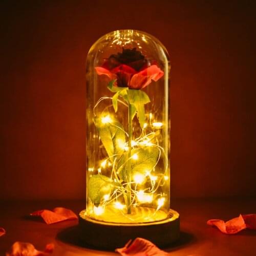 LED Light Beauty Beast Red Artificial Flowers Rose in Glass dome Romantic Gifts For Valentine Mothers Day Christmas Home Decor