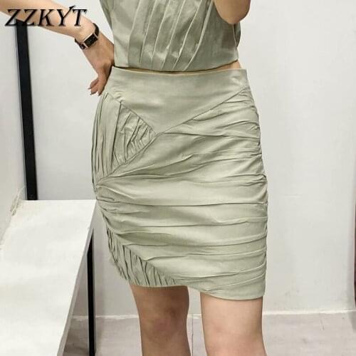 ZZKYT 2021 Women Summer Fashion Solid Zipper Short Skirt Vintage A Line High Waist Folds Ladies Short Skirts Casual Vestidos