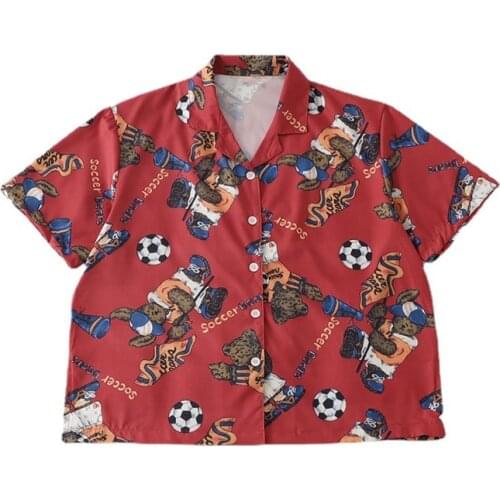 Retro Fashion Bear Print Short-sleeved Shirt Womens Lapel Single-breasted Chiffon Shirt Summer New Top