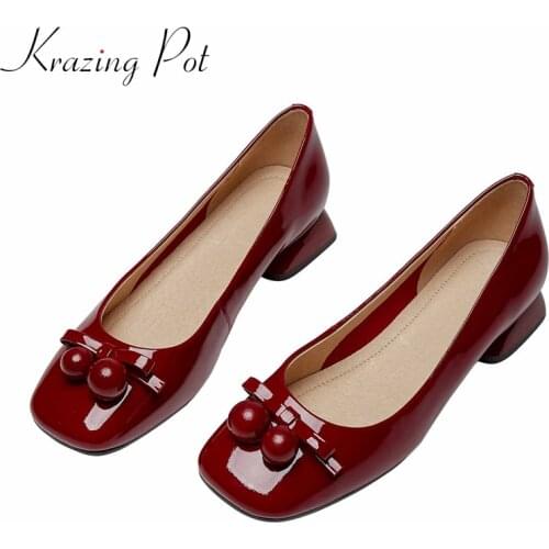 Krazing Pot newest style cow patent leather butterfly-knot sweet square toe thick med heel slip on pretty girls women pumps L11
