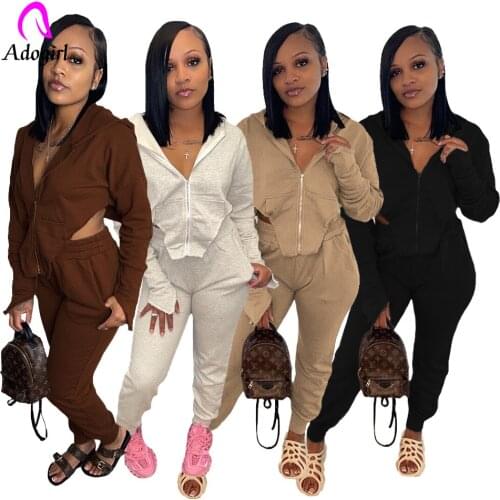 Fitness Women 2 Piece Set Irregular Zipper Fly Hooded Coat + High Waist Jogging Pants Matching Set 2021 Autumn Workout Tracksuit