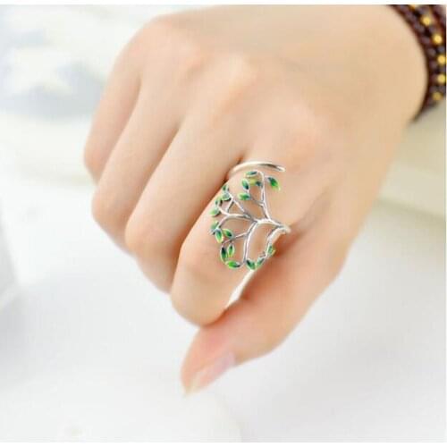 Creative Tree Leaves Green Rings For Women Adjustable Silver Color Gift For Women And Girls Hand Jewelry Female Ring