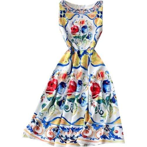 2021 New Summer Women Slim Long Dress High Quality Vintage Blue and white porcelain Print Runway Dress
