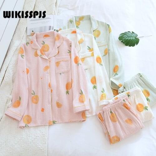 2021 Spring and Autumn Long Sleeve Crepe Thin Winter Orange Print Lovely Fresh Style Home Clothes Womens Pajamas Lounge Wear