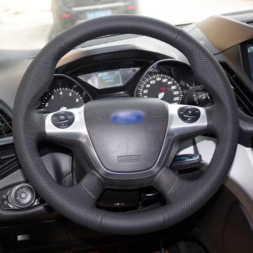 BANNIS Black Artificial Leather DIY Hand-stitched Steering Wheel Cover for Ford Focus 3 KUGA Escape 2012 2013