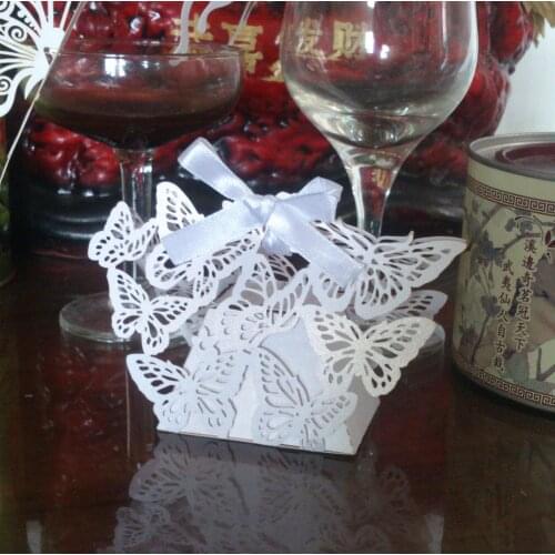 Free Shipping 10pcs White Butterfly Laser Wedding Candy Boxes Favour Box With Ribbon