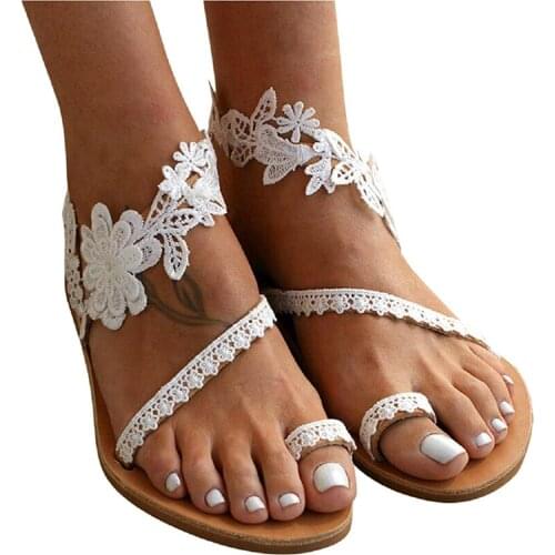 Boho Lace Wedding Flat Sandals Shoe Flip Flops Ring Toe Summer Beach Boho Casual Shoes Bohemia