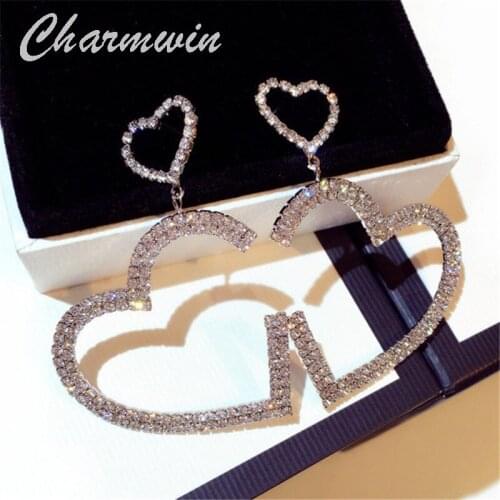 Charmwin New Fashion Dangle Earrings Long Earrings For Women Rhinestone Heart-shaped Big Earrings Women PE1889