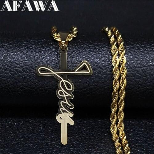 AFAWA 2021 Jesus Cross Stainless Steel Long Necklace Men Gold Color Necklaces & Pendants Jewelry collares hombre N4133S02