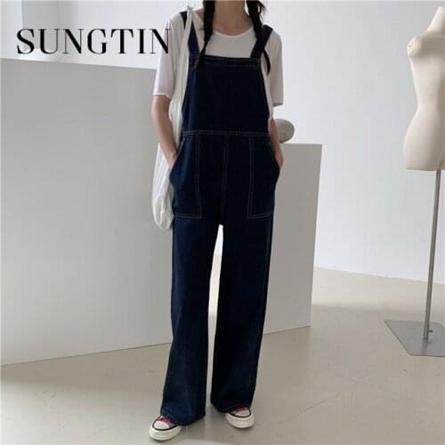 Sungtin Korean Denim Overalls Rompers Female JumpSuit Jeans Women Casual Sleeveless High Waist Loose Straight Trousers Sweet BF