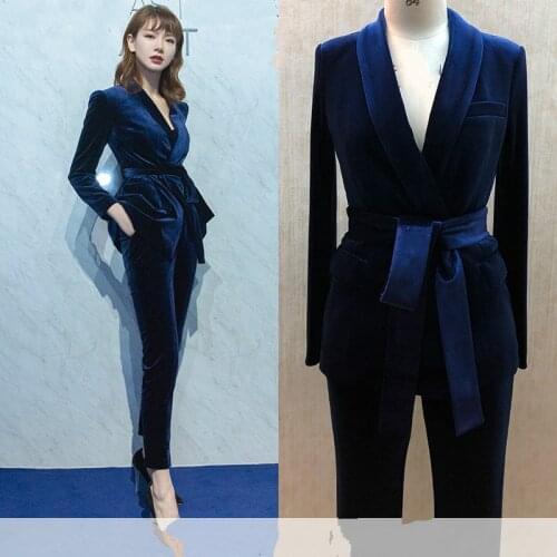 Set female fashion British style Slim professional belt small suit two-piece gold velvet suit pants elegant suit female