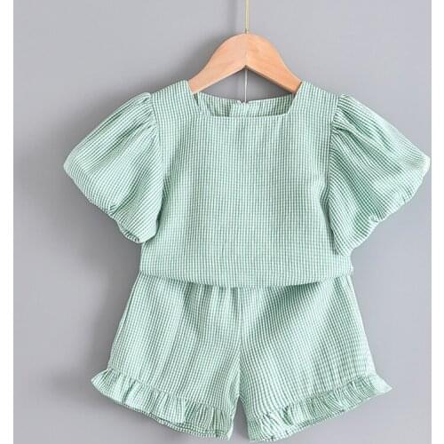 Girls Clothing Sets 2021 New Summer Cute Kids Costumes 3-7Y Lantern Sleeve Plaid Pattern T-shirt Casual Shorts 2PCS Kids Suit