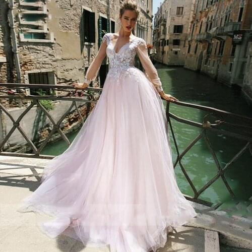 Beautiful Lace Top Wedding Dresses Light Pink Bridal Gowns 2020 Modest V-Neck Custom Online Robe De Mariee Cheap Sale