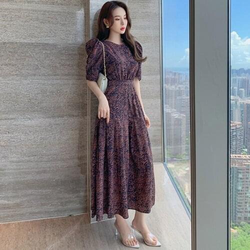 Fashion Summer Vintage Puff Sleeve Maxi Party Dress Ladies Elegant Robe Casual O-Neck Zebra Stripes Print Beach Vacation Dress