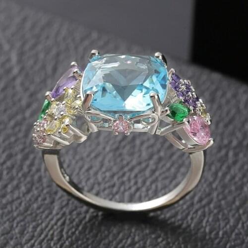 Fashion Luxury Womens 925 Silver Multi-color Gemstone Square Princess Zircon Ring Engagement Wedding Gift Jewelry Ring