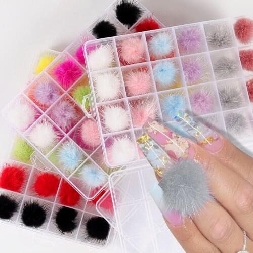 24PCS Pompom Nail Charm Plush Ball Kawaii Nail Charms Magnetic Furry Pom Nail Charms Decoration Manicure Accessories Kit Charm