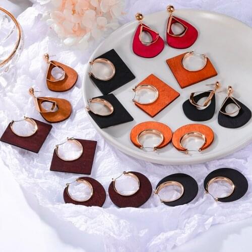 POXAM Boho Ethnic Geometric Big Wooden Earrings For Women Vintage Earrings Gold Dangle Drop Earring 2020 Female Fashion Jewelry