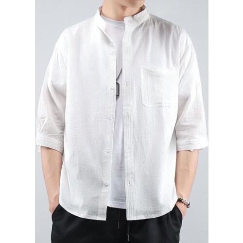 Linen Shirt Mens Short Shirt Loose Size Chinese Style Cotton Hemp Half Sleeve Casual Jacket Camisa Masculina Streetwear Berserk