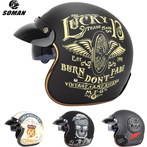 SOMAN Retro Helmet Motorcycle Open Face Helmet Leather Scooter Helmets 3/4 Chopper Casco Moto Vespa Vintage Motorcycle Helmets