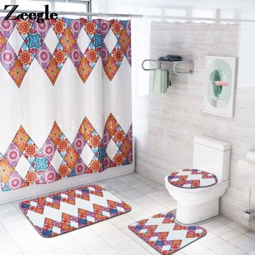 Modern Bathroom Set Geometric Pattern Bath Mat and Shower Curtain Set Memory Foam Absorbent Toilet Mat Shower Mat Bath Rugs