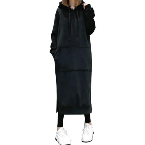 Warm Winter High Quality Gold Velvet Hooded Dresses Pocket Long Sleeved Casual Dress Black Gray Sportwear Autumn Women Clothings