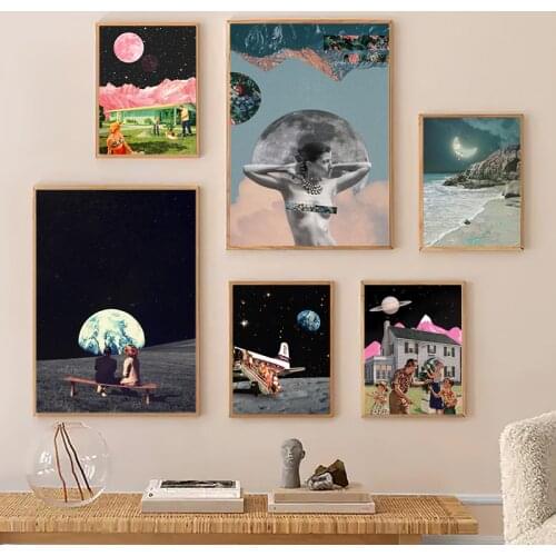 Vintage Surrealism Art Painting Pink Moon Nature Landscape Poster Psychedelic Wall Art Canvas Prints Family Picture Home Decor