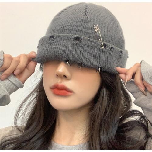 Winter New Harajuku Beanies Knitted Hat Women Fashion Warm Thick Men Hip Hop Pin Hole Skullcap Short Hat Unisex Basic Cap