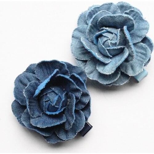 Top Quality 20pcs Floral Hair Accessories Navy Blue Camellia Flower Girls Hairpins Cowboy Material 5CM Diameter Hair Clips