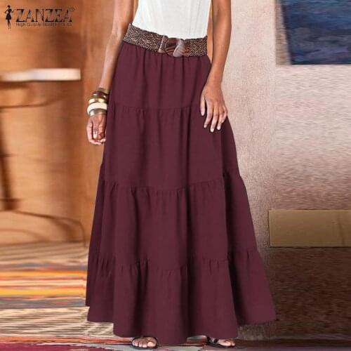 ZANZEA Summer Bohemian Maxi Long Skirts Women Casual Elastic Waist A-line Holiday Skirt Jupe Female Solid Beach Faldas Vestidos