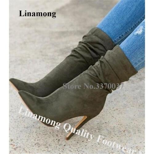 Linamong Women Elegant Pointed Toe Stiletto Heel Short Boots Army Green Grey Suede Leather High Heel Ankle Booties Dress Heels