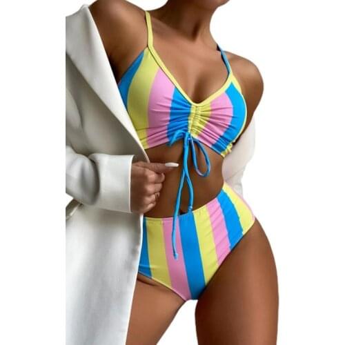Women Casual Two-piece Swimwear Set Multicolor Stripe Printed Pattern Bikini Tops and Shorts S/ M/ L