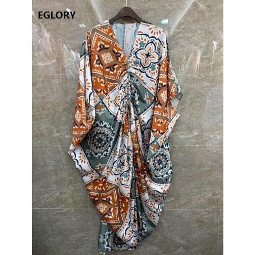 2021 Summer Long Dress High Quality Women Sexy V-Neck Batwing Sleeve Casual Loose Pleated Dress Bohemian Beach Ladies Dress Sun