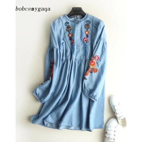 Long Lantern Sleeve Soft Jeans Dress Women Floral Embroidered Dress O Neck Spring Summer Denim Shirt Dress Blue vestidos Mujer