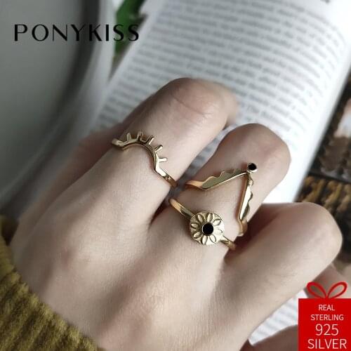 PONYKISS Trendy S925 Sterling Silver Chic Flower Sunrise Geometric Adjustable Opening Black Enamel Ring Women Chic Jewelry Gift