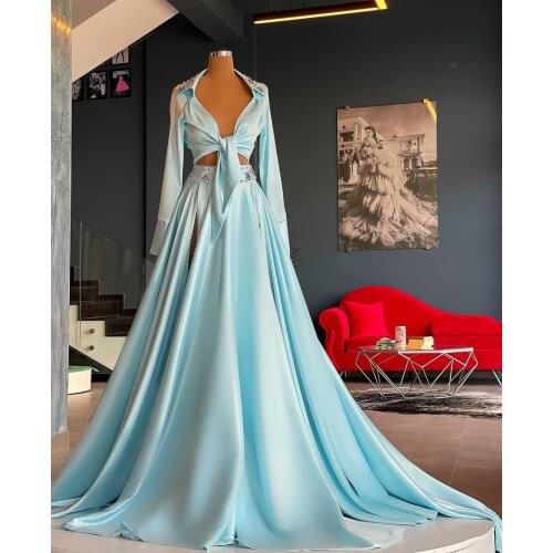 New Fashion Splicing Elegant Evening Dresses Two Pieces Shirt High Split Prom Dress Long Sleeves Plus Size Women Party Gowns