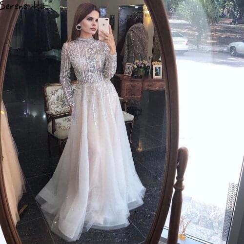 Serene Hill Dubai Silver A-Line Luxury Sexy Evening Dress Crystal Beading Long Sleeves Formal Party Wear Gown 2020 CLA70514