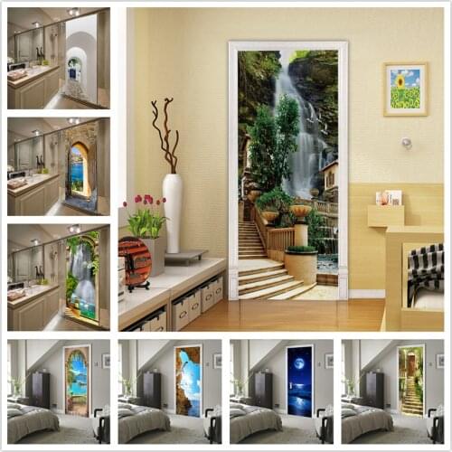 Arched Tunnel Natural Landscape Sticker Porte Vinyl Self-adhesive Bedroom Kitchen Door Decoration Wallpaper 3D Mural Deursticker